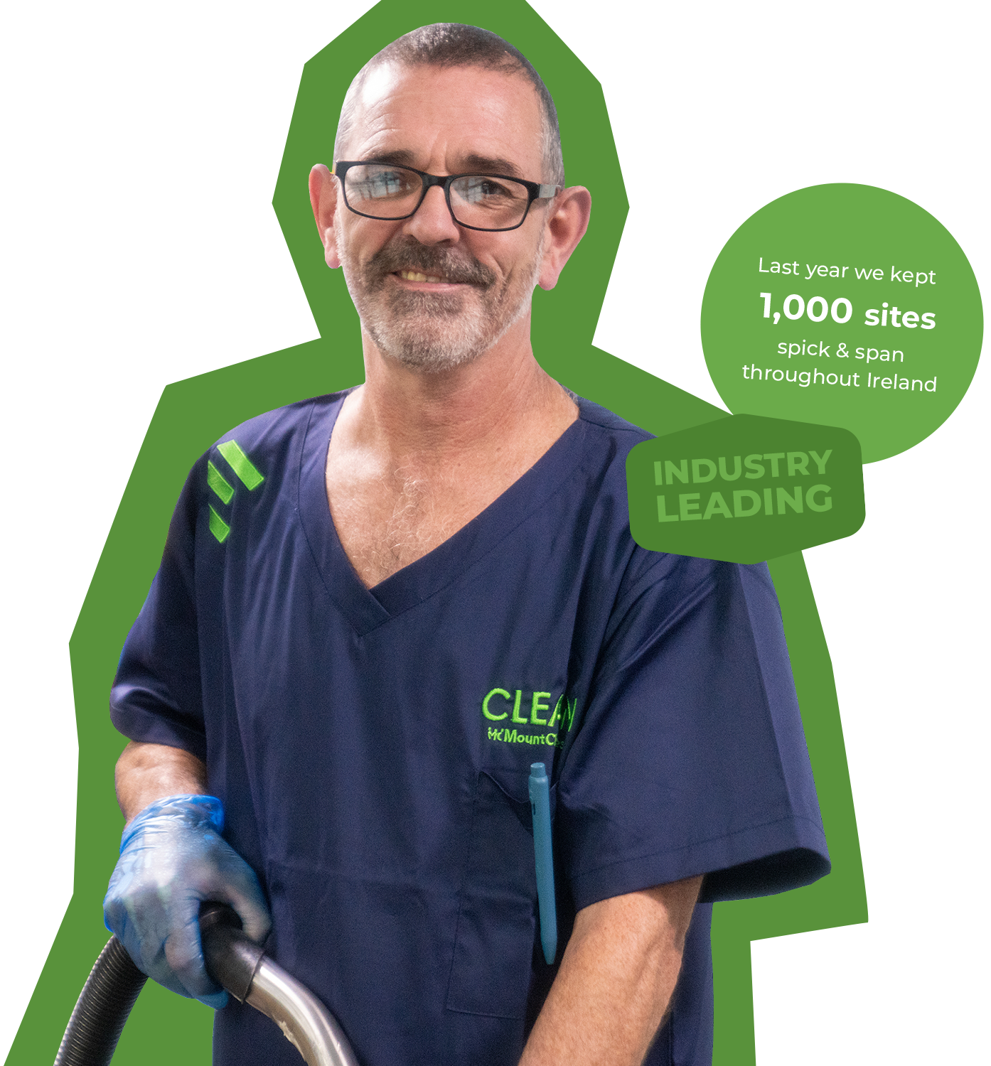 A smiling man in Mount Charles cleaning uniform holding a vacuum cleaner. Two badges are placed on top of the image. The first reads: 'Last year we kept 1,000 sites spick and span throughout Ireland. The second reads: 'Industry leading'