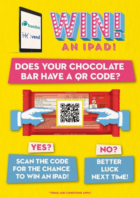 Finger icons point to a QR code on the reverse of a Kit Kat chocolate bar explaining how to win a chocolate bar 
