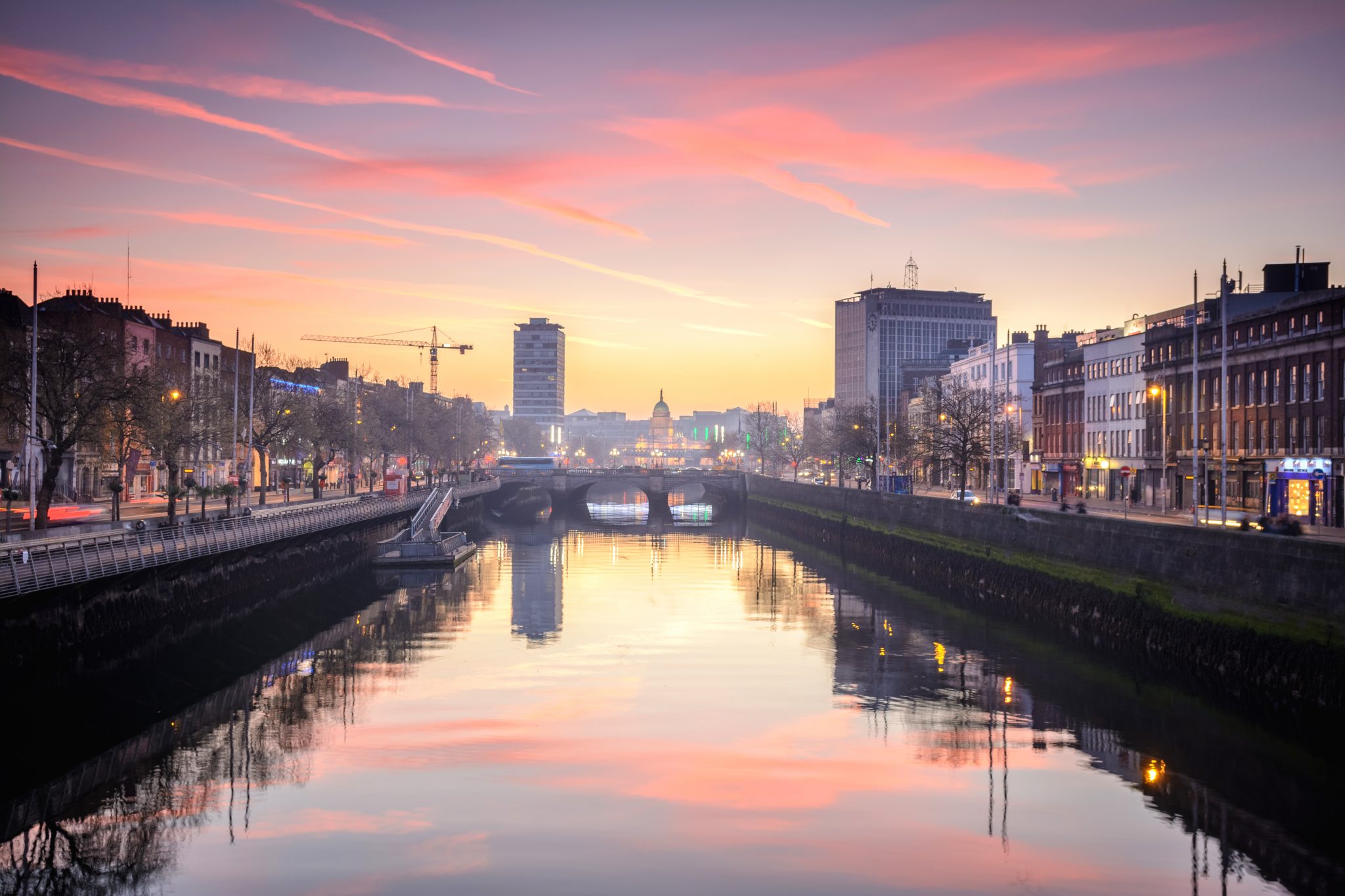 Dublin's Liffey River at sunset
