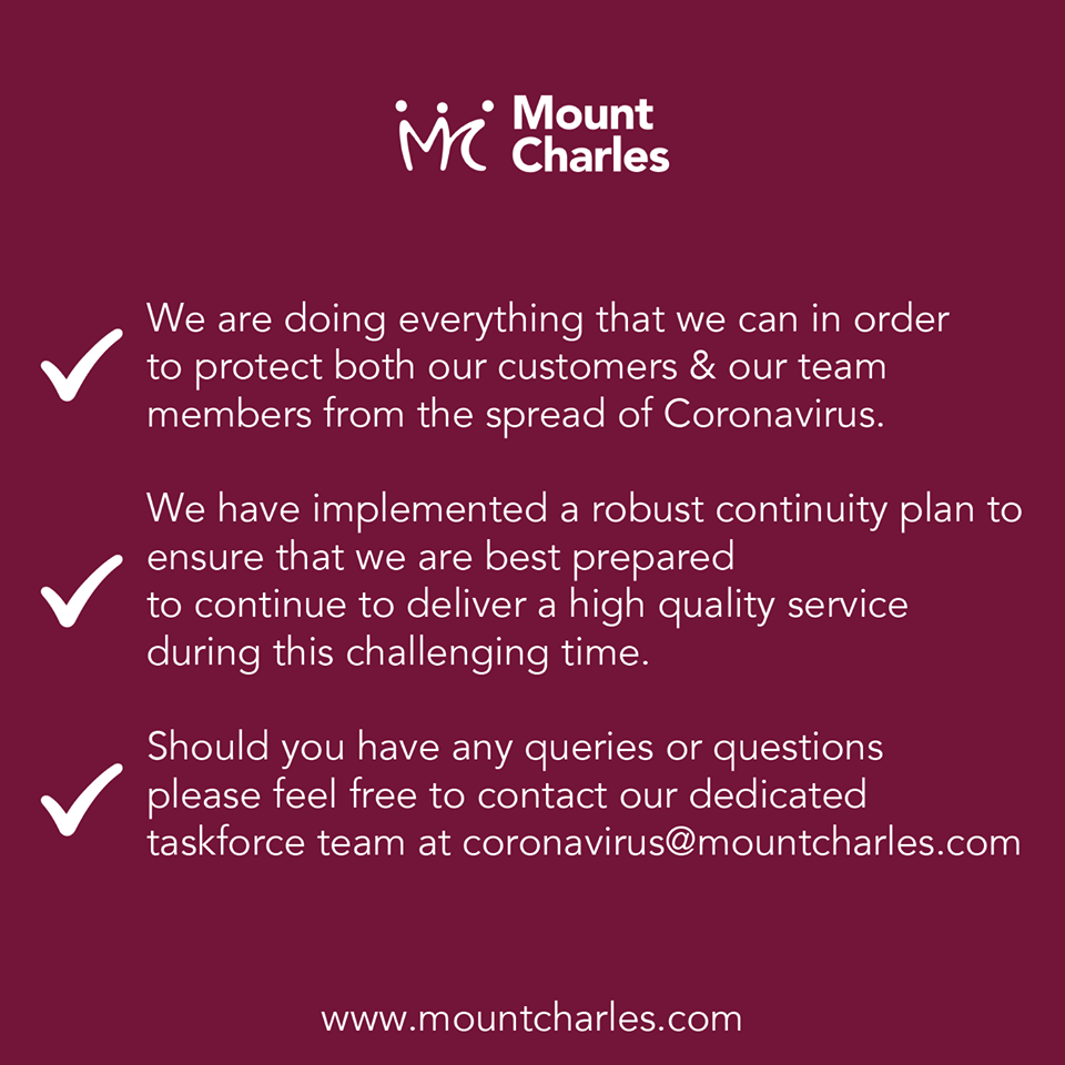 text information around supporting clients through Coronavirus and ensuring business continuity of Mount Charles