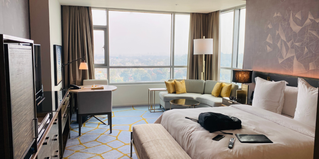 A hotel room with country view