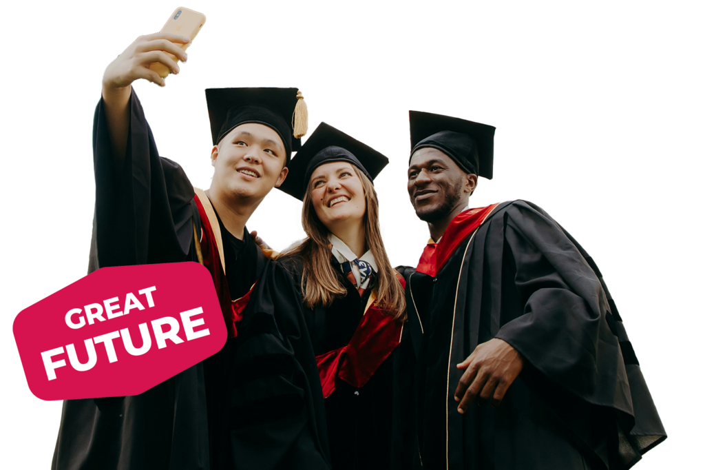 Three students in graduation robes with a sticker overlaid that reads "Great Future" (Mount Charles Education Sector services)