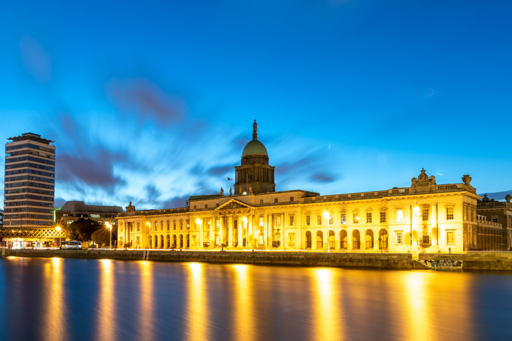 A sunset view of Custom House, Dublin lit up