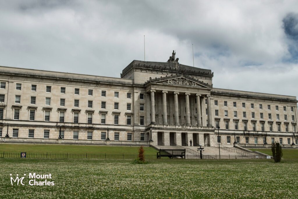 Stormont House, home of NI Parliament, with Mount Charles logo in bottom left corner